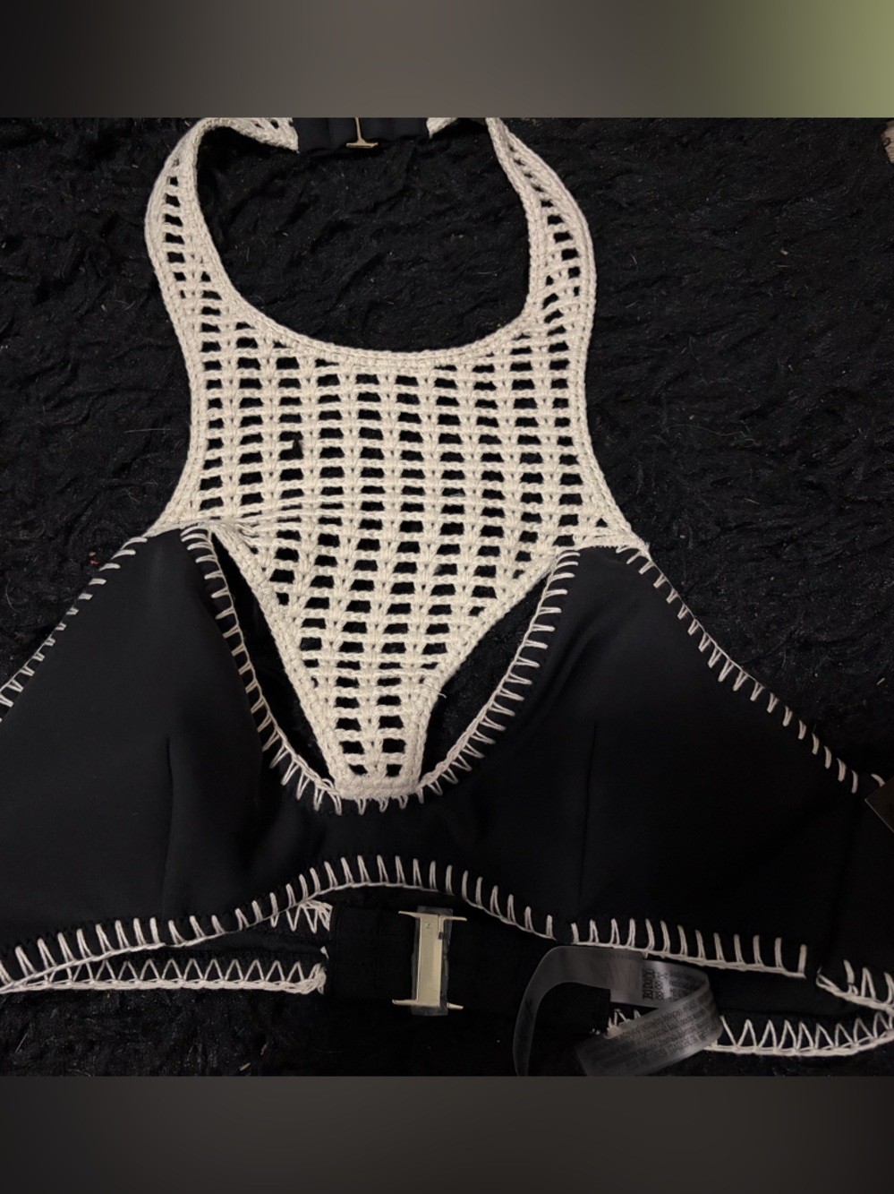 Victoria's Secret Black One-Piece Swimsuit with Cream Crochet Trim